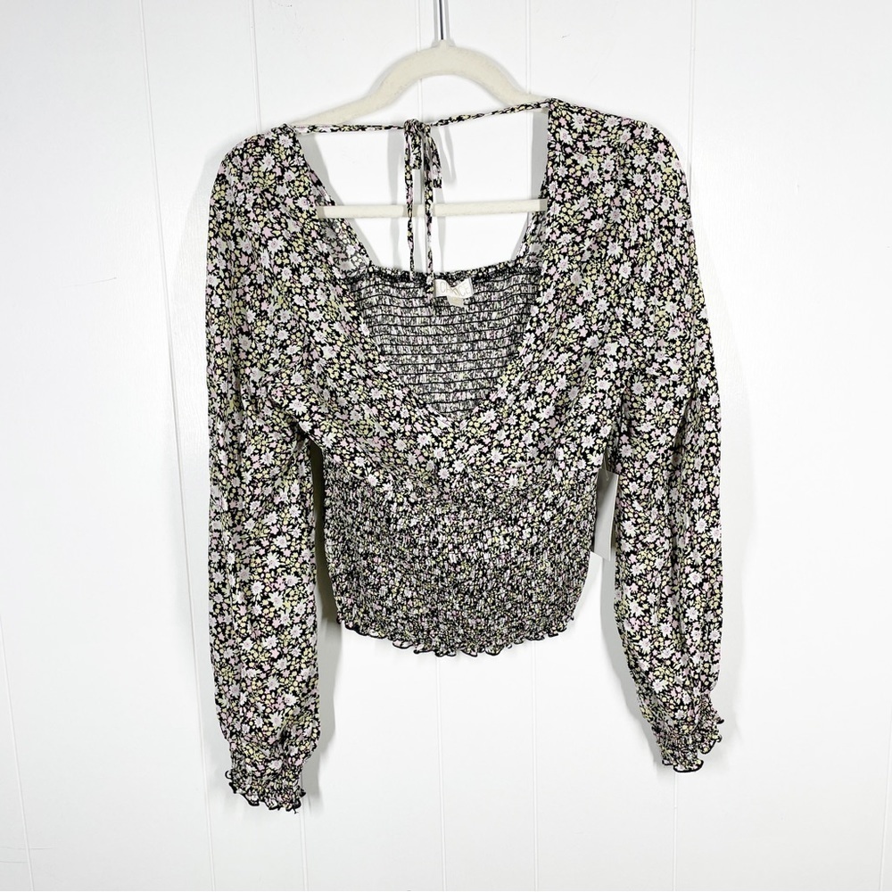 NEW Chance Black Floral Smocked Long Sleeve Cropped Top Medium